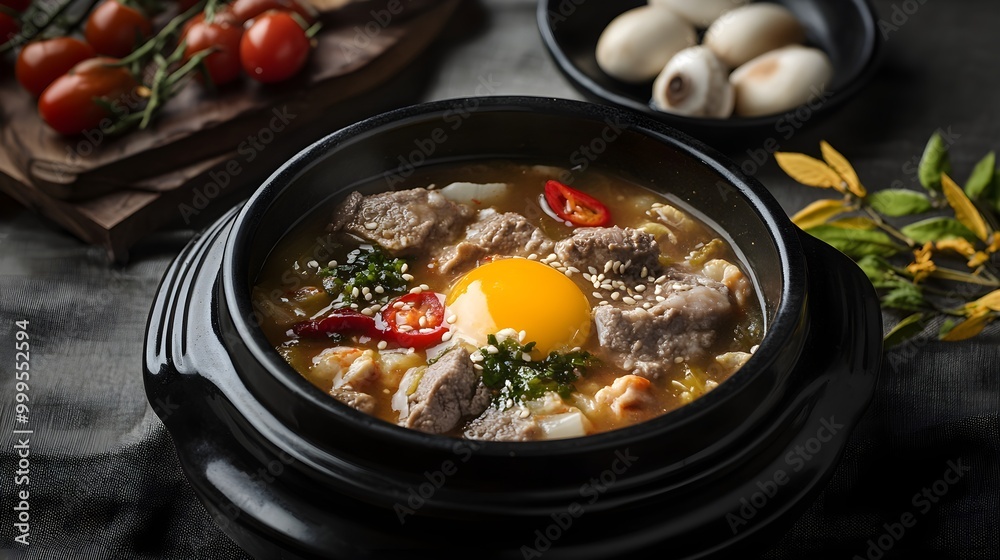 Korean Beef Soup with Egg in Traditional Bowl Korean Beef Soup with Egg in Traditional Bowl