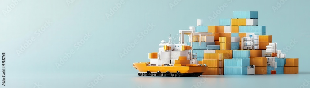 Colorful shipping boat with stacked cargo boxes against a soft blue background, ideal for logistics and transport visuals. Colorful shipping boat with stacked cargo boxes against a soft blue background, ideal for logistics and transport visuals.
