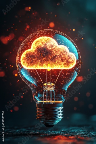 A lightbulb with a glowing cloud icon, symbolizing cloud computing and modern ideas.  photo