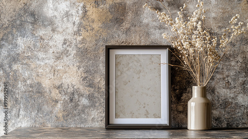 Empty Picture Frame with Dried Flowers on Rustic Wood Shelf