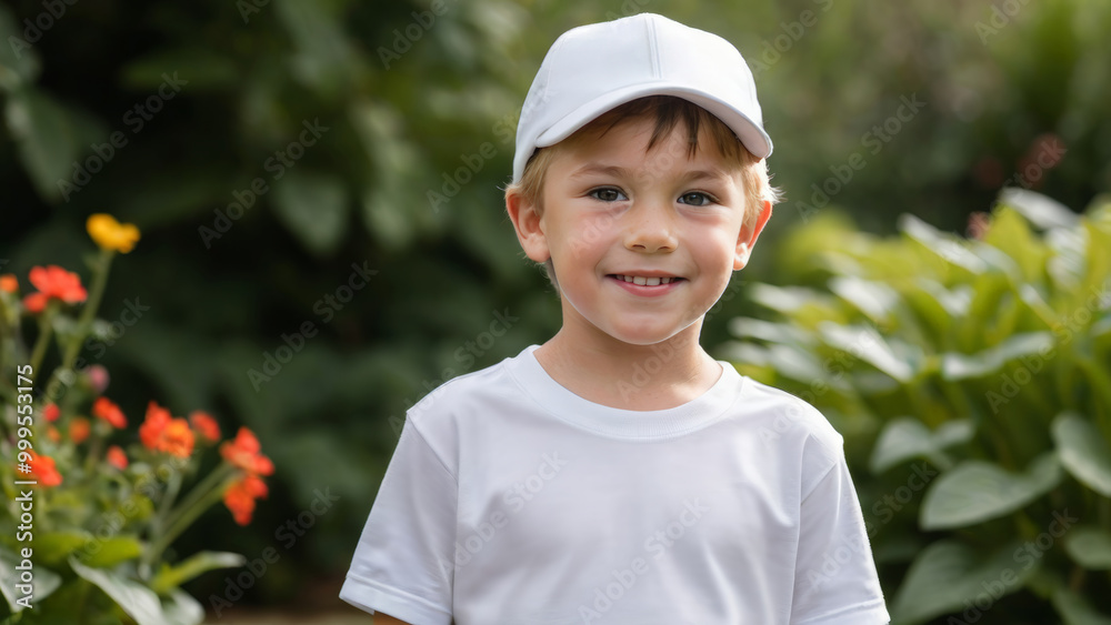 Little boy wearing white t-shirt and white baseball cap standing in the garden Little boy wearing white t-shirt and white baseball cap standing in the garden