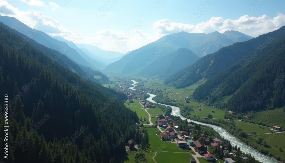 Fototapeta premium Idyllic mountain village nestled in a valley surrounded by lush greenery and a winding river