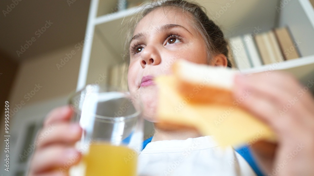 schoolgirl eats a sandwich drinking juice at school during recess with backpack and bookcase. education child lunch concept. child in classroom having lunch snack with bread and cheese sandwich schoolgirl eats a sandwich drinking juice at school during recess with backpack and bookcase. education child lunch concept. child in classroom having lunch snack with bread and cheese sandwich