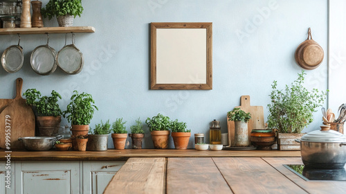 Rustic Kitchen Interior with Herbs  Wooden Table and Blank Frame