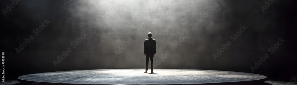 Obraz premium Solitary Figure Standing on Empty Stage Symbolic of Ruined Reputation and Public Humiliation