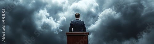 Politician on Podium Facing Stormy Clouds Symbolic of Impending Scandal and Public Distrust