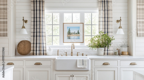 Farmhouse Kitchen Sink with White Cabinets and Window View