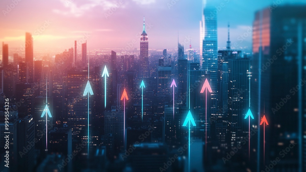 Fototapeta premium Blurry network interface with arrows pointing up over New York city panorama background. Concept of smart city and internet connection.generative ai
