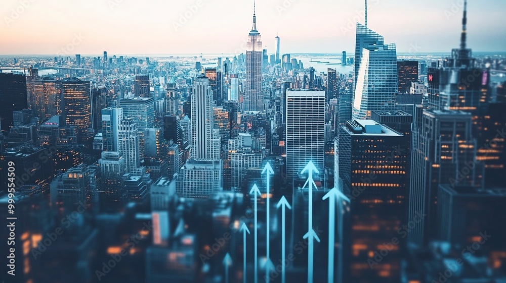 Obraz premium Blurry network interface with arrows pointing up over New York city panorama background. Concept of smart city and internet connection.generative ai