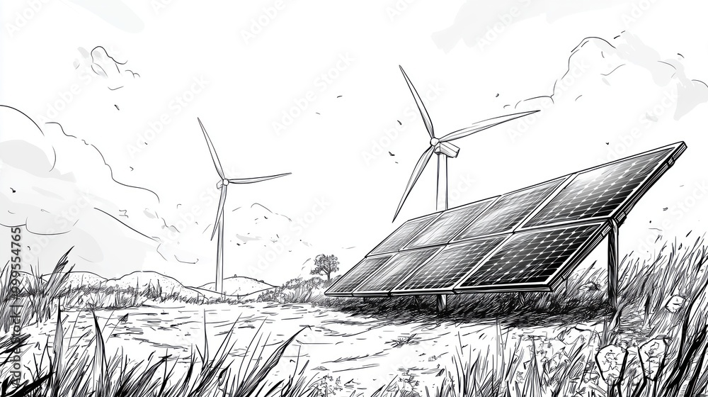 Fototapeta premium Hand drawn sketch of solar panels and wind turbines, representing alternative energy sources, and vector illustration design