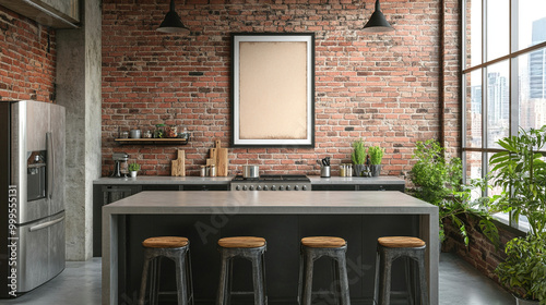 Modern Industrial Kitchen Interior with Brick Wall  Island  and Stools