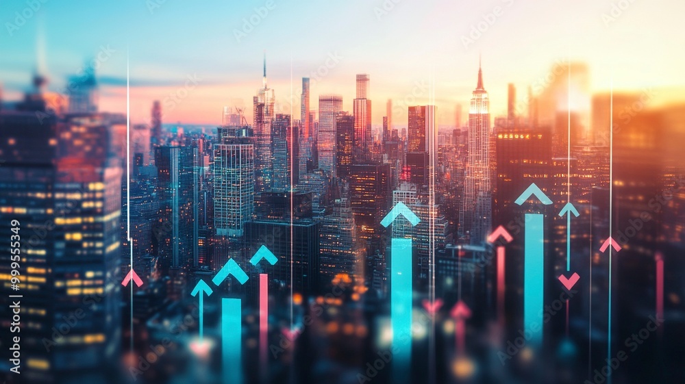 Blurry network interface with arrows pointing up over New York city panorama background. Concept of smart city and internet connection.generative ai Blurry network interface with arrows pointing up over New York city panorama background. Concept of smart city and internet connection.generative ai