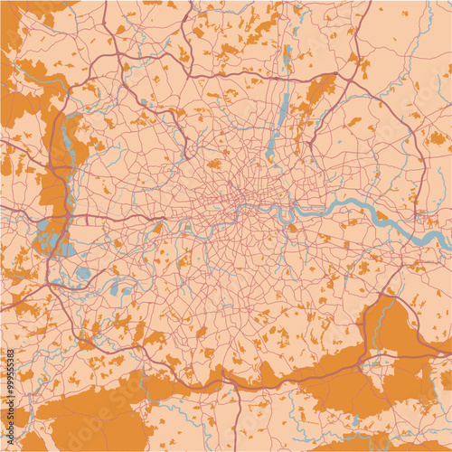 Map of London in United Kingdom in a sandy theme. Contains layered vector with roads water, parks, etc.