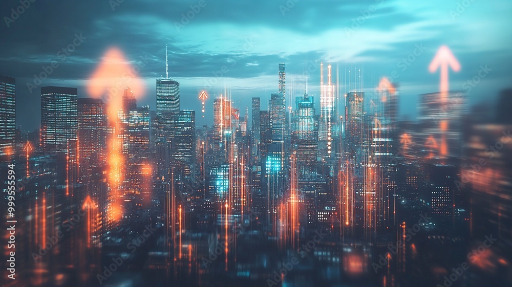 Blurry network interface with arrows pointing up over New York city panorama background. Concept of smart city and internet connection.generative ai Blurry network interface with arrows pointing up over New York city panorama background. Concept of smart city and internet connection.generative ai