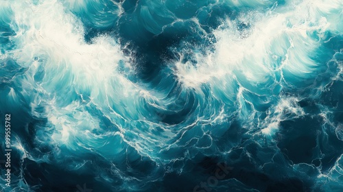 Turbulent ocean waves with foamy white crests in deep turquoise water