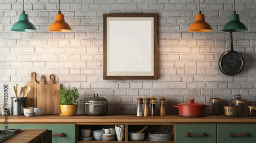 Modern Kitchen Interior with Blank Frame and Rustic Elements