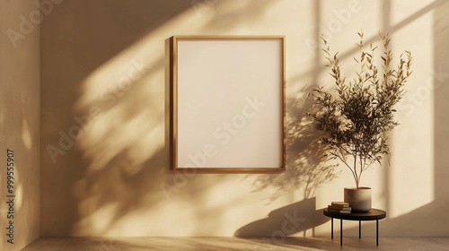 Minimalist Interior Design with Blank Canvas  Beige Wall  and Plant Shadow