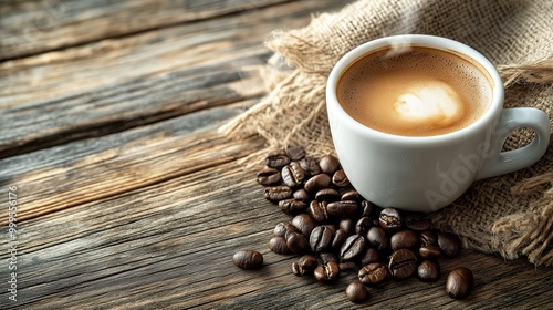 Steaming cup of espresso with coffee beans on rustic wooden table