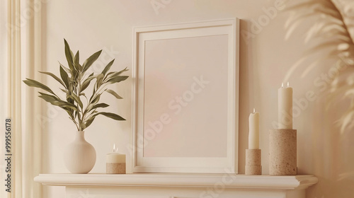 Minimalist Home Decor with Blank Frame  Candles  and Green Plant on Mantelpiece