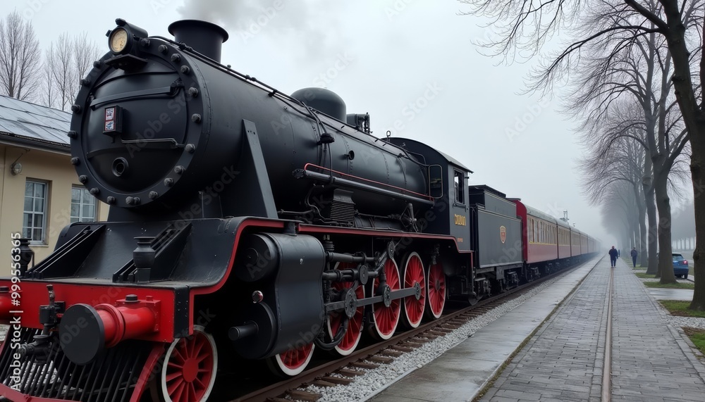 Steam train journeying through a misty forest Steam train journeying through a misty forest