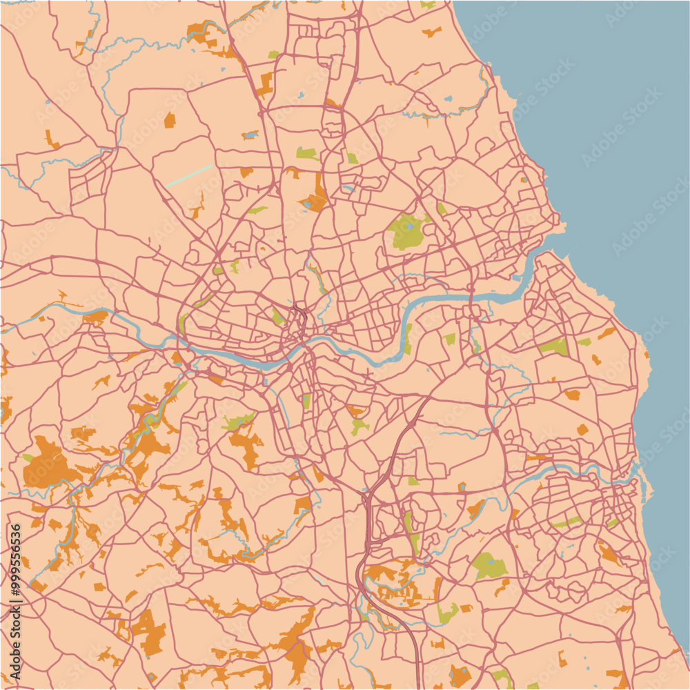 Fototapeta premium Map of Newcastle in United Kingdom in a sandy theme. Contains layered vector with roads water, parks, etc.