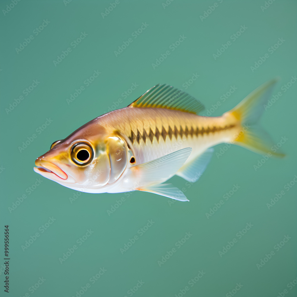 Obraz premium A detailed image of an anchovy fish, showing its small, slender body swimming in water, with a silver color and clear features.