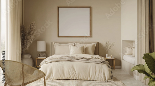 Minimalist Bedroom Interior Design with Beige Tones and Wooden Accents