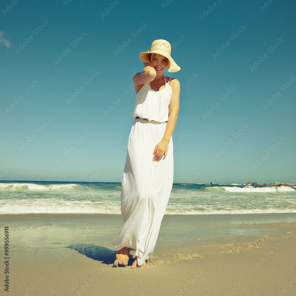 Happy woman, hat and walking portrait on beach, sun protection and ocean for water adventure. Female person, outdoor and playful on shore of tropical island, tourist and holiday trip to Mauritius Happy woman, hat and walking portrait on beach, sun protection and ocean for water adventure. Female person, outdoor and playful on shore of tropical island, tourist and holiday trip to Mauritius