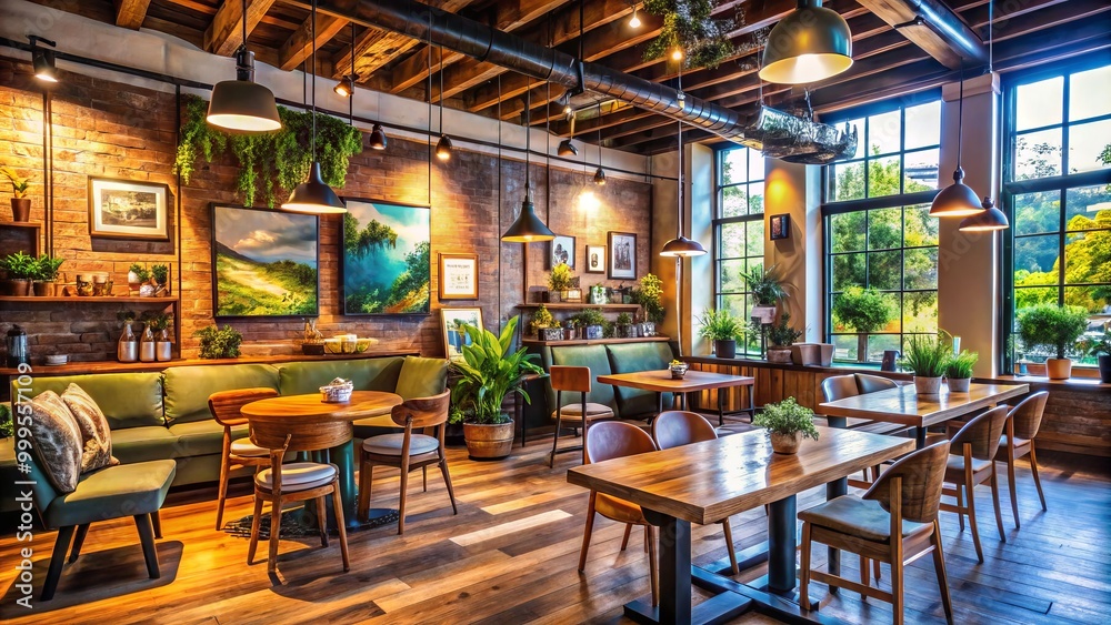 Naklejka premium Charming and contemporary, this coffee shop features rustic furnishings that enhance its cozy vibe, inviting customers
