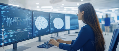 A focused female scientist analyzing brain activity data on multiple computer screens in a modern research lab, using advanced neurological tools.