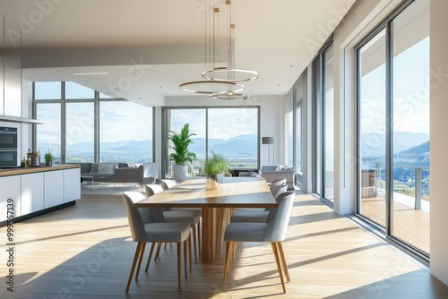 Scandinavian Luxury Kitchen. Elegant Interior Design with Panoramic Windows and Stylish Furniture