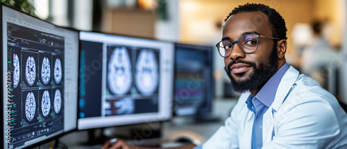 A focused doctor examining brain scans on multiple computer monitors in a modern medical office, wearing glasses and a white coat.
