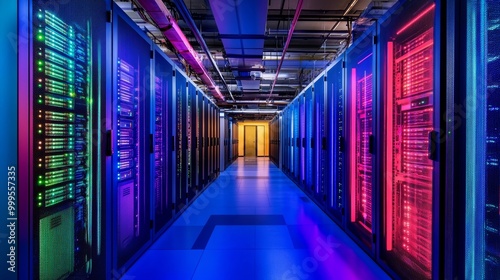 Multi colored server room of data center