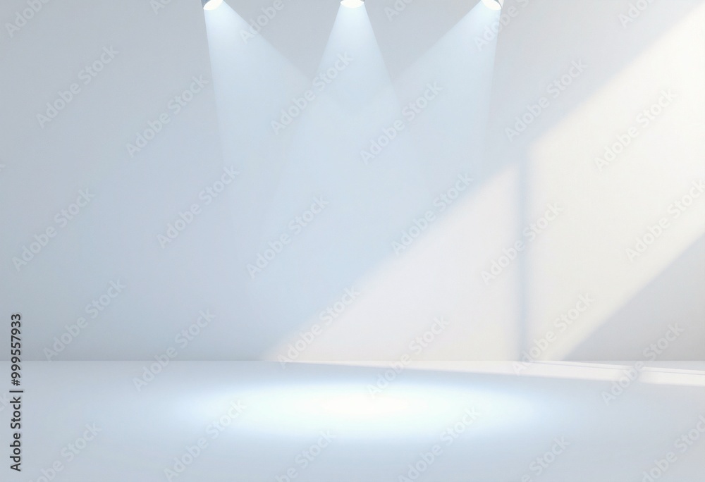 White room with spotlights and soft light, empty for product display. White room with spotlights and soft light, empty for product display.