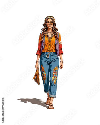 Detailed flat vector people and illustration, woman with hippie outfit