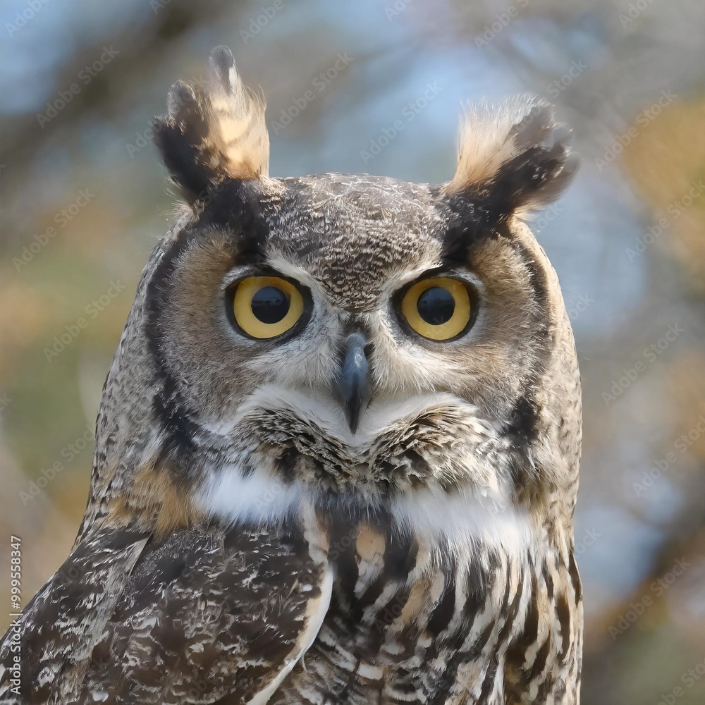 Isolated great horned owl with depth of field showcasing large tufts and striking eyes Isolated great horned owl with depth of field showcasing large tufts and striking eyes