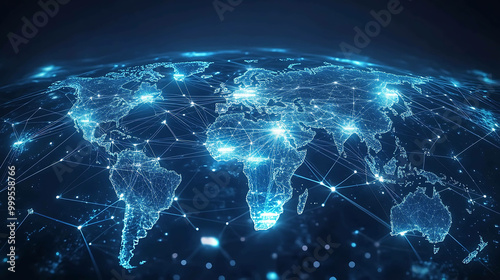 Abstract glowing digital world map. Global network concept.
