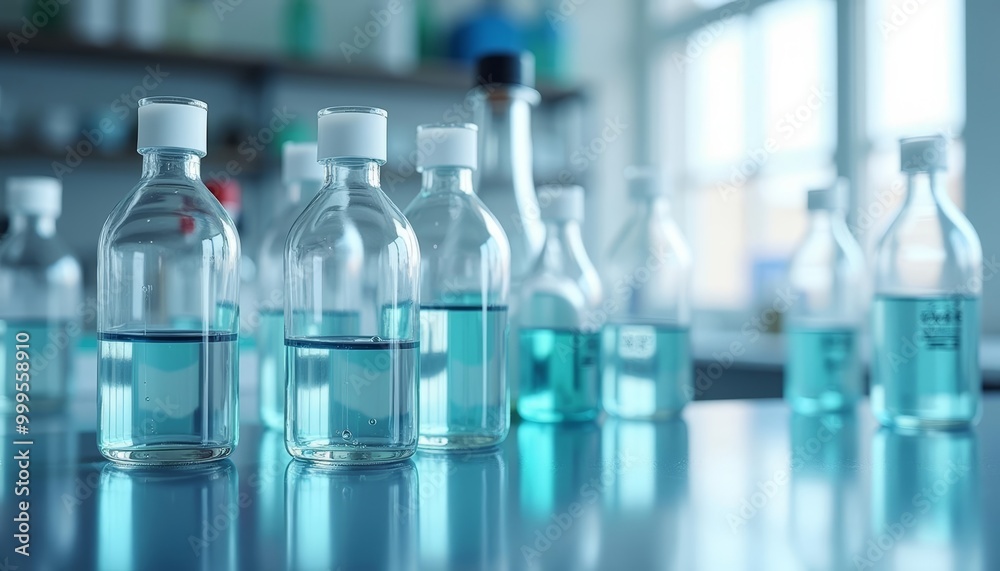 A collection of clear glass bottles with blue liquid ready for use A collection of clear glass bottles with blue liquid ready for use