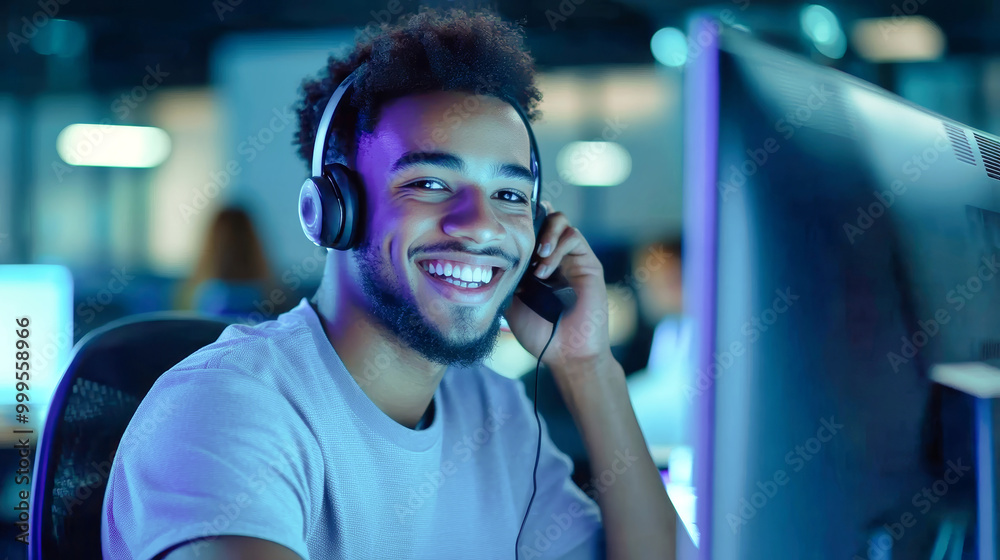 Joyful call center agent working at night, engaging with customers while wearing a headset in a lively office environment Joyful call center agent working at night, engaging with customers while wearing a headset in a lively office environment
