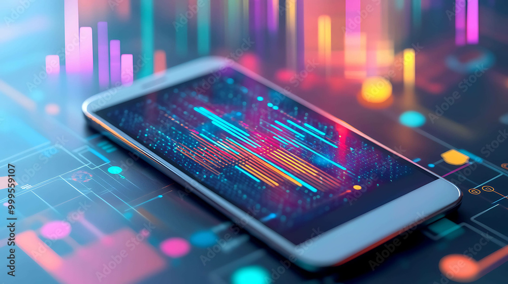 A smartphone with colorful data visualizations on its screen. A smartphone with colorful data visualizations on its screen.