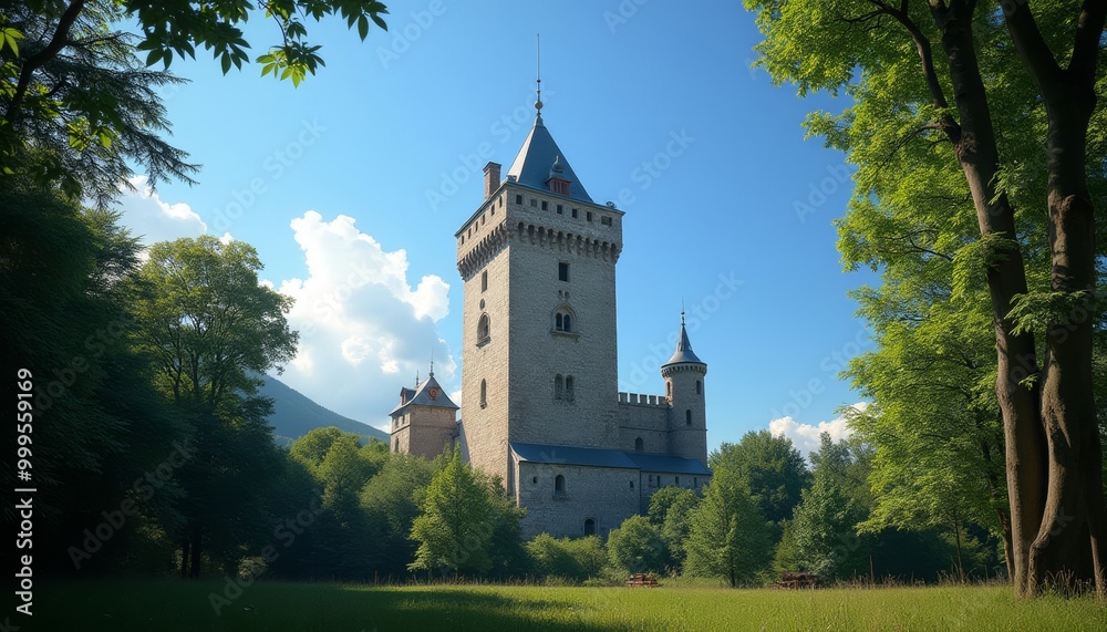 Enchanting castle in a serene forest setting Enchanting castle in a serene forest setting