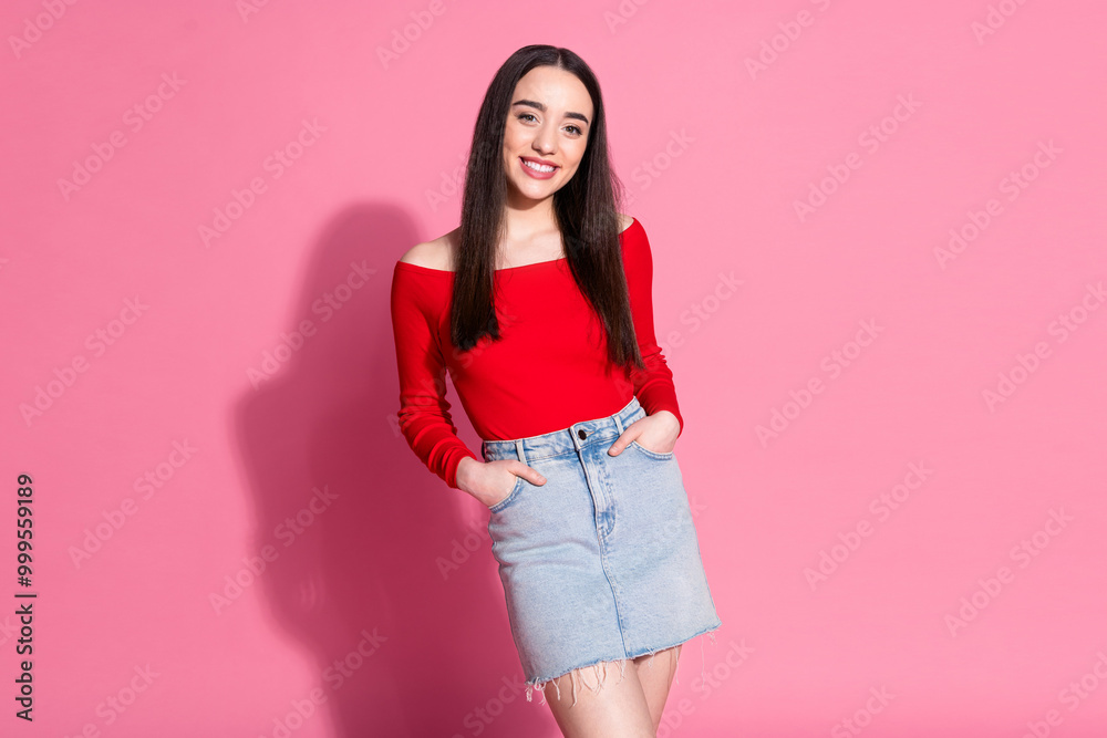 Portrait of pretty young girl posing empty space red top isolated on pink color background Portrait of pretty young girl posing empty space red top isolated on pink color background