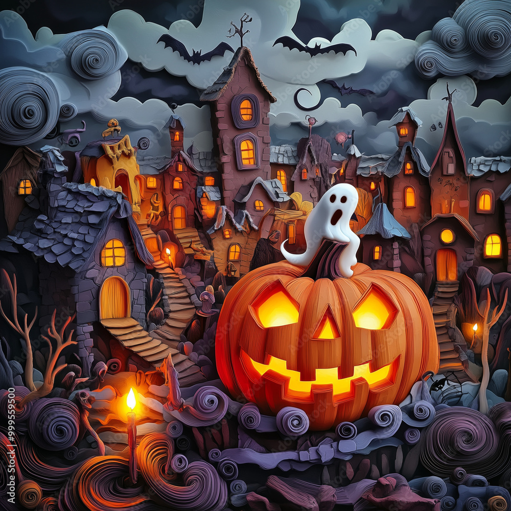 Fototapeta premium Halloween carved pumpkin monster illustration, ghosts, candle real colors, dark clouds, ghosts, spooky, many ancient buildings, many palaces, multi dimensional paper quilling