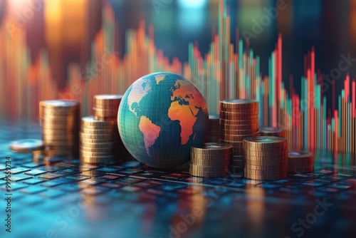 Conceptual image of global finance with coins and a world globe against a digital background of stock market trends.