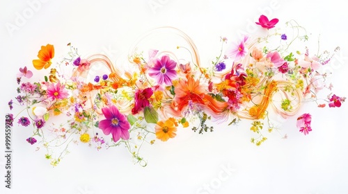 Mesmerizing colorful flowers form swirling trails, creating a stunning abstract pattern on a white background during an artistic floral display