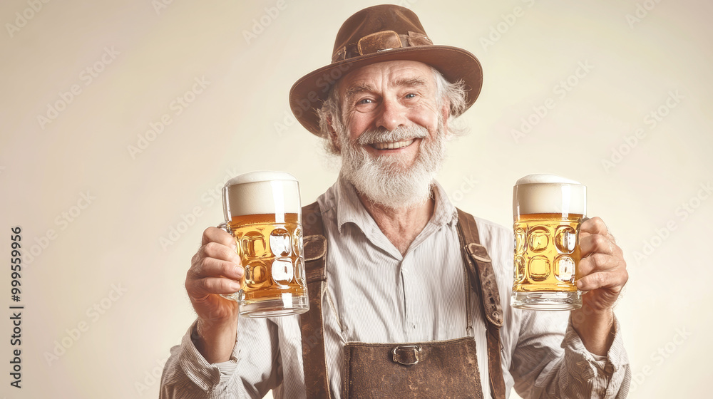 An elderly man wearing lederhosen and a charming hat enthusiastically holds up two beer mugs, embodying the joyful essence of Oktoberfest festivities An elderly man wearing lederhosen and a charming hat enthusiastically holds up two beer mugs, embodying the joyful essence of Oktoberfest festivities