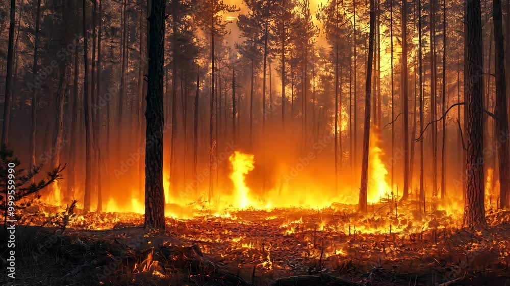 A forest fire burns fiercely, consuming the undergrowth and threatening the surrounding trees A forest fire burns fiercely, consuming the undergrowth and threatening the surrounding trees