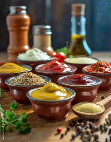 Assorted condiments with depth of field showcasing vibrant sauces and rich textures