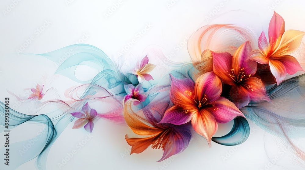 Mesmerizing swirling trails of vibrant flowers create a stunning abstract floral design on a white backdrop, capturing artistic beauty Mesmerizing swirling trails of vibrant flowers create a stunning abstract floral design on a white backdrop, capturing artistic beauty