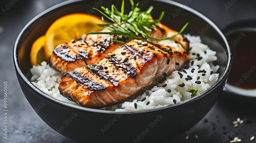 Grilled Salmon on Rice with Lemon Slices Grilled Salmon on Rice with Lemon Slices